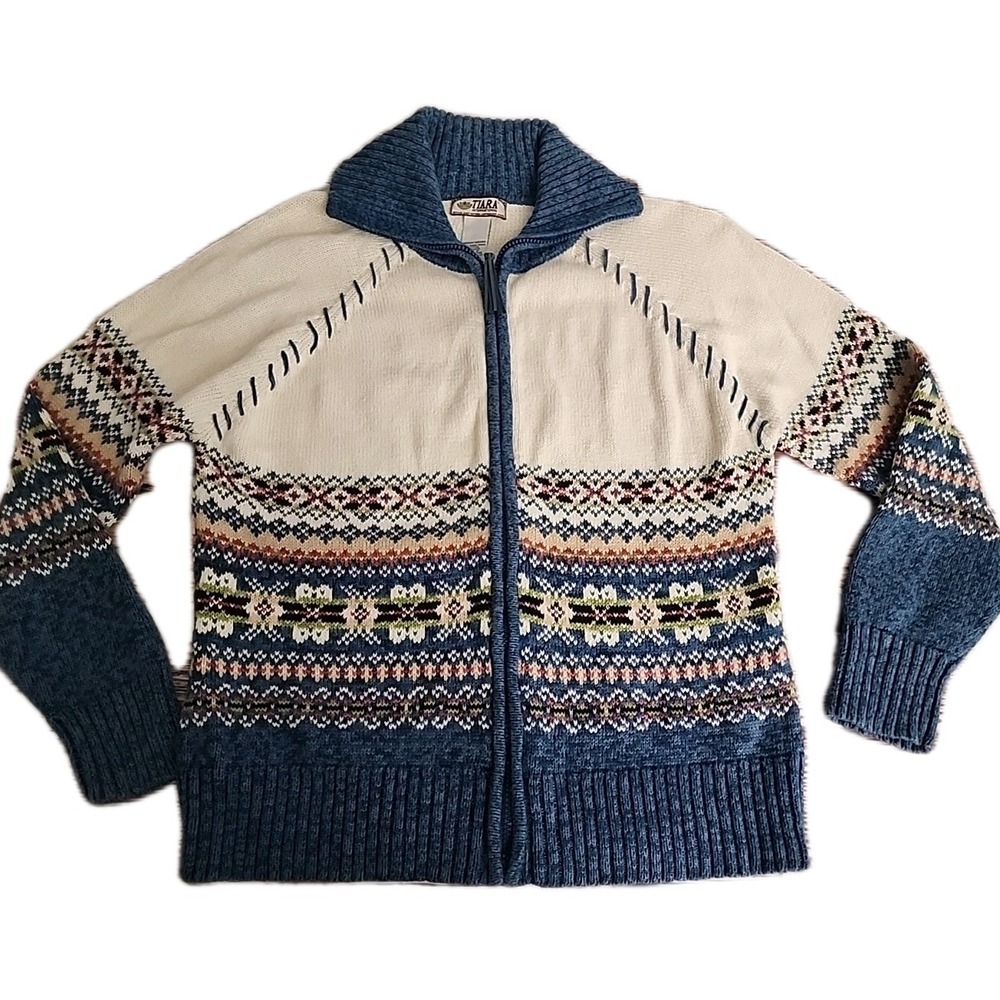 Grandma Vintage Cardigan Sweater Womens Medium Fair Isle Ivory Blue Knit Grannie